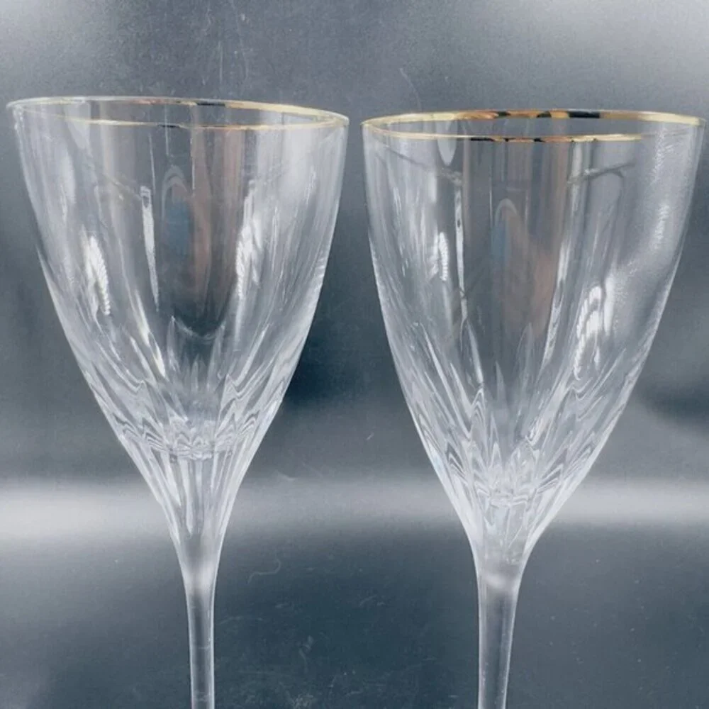 Waterford Marquis Claria Gold Rim Flute Goblet Drinking Glasses Clear 2 Cups Set